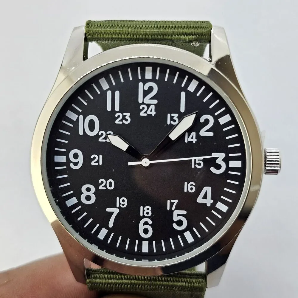 Men's Field Watch 42MM Large Gray Case Black Dial Army Green Canvas‎ Band Straps